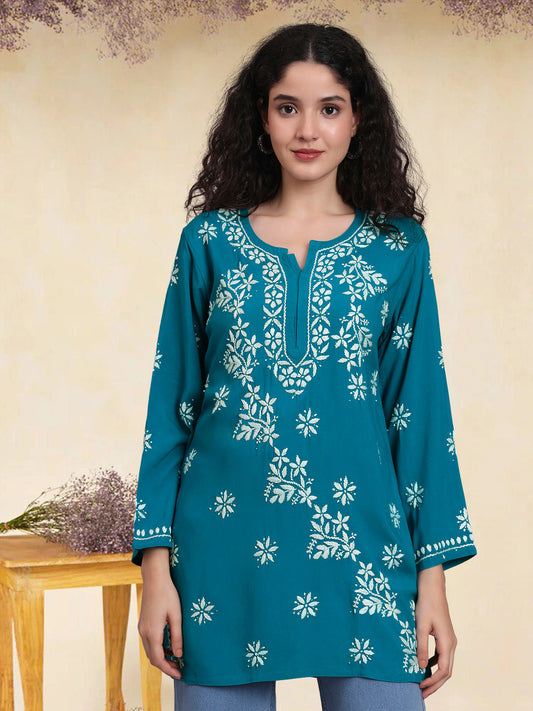 Women Hand Embroidered Chikankari Rayon Short Kurti-AL4071 Teal