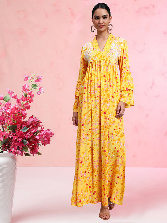 Women Embroided Floral Printed Rayon Jalabiya-AL4098B Yellow
