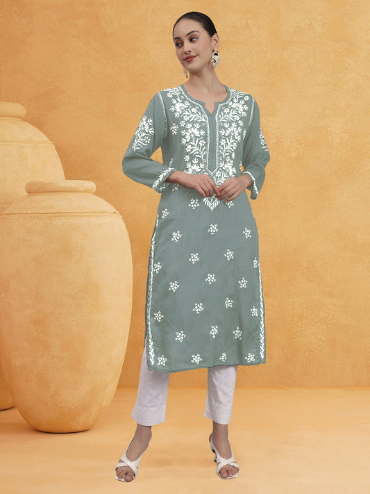 Women Hand Embroidered Chikankari Modal Kurta-AL4059 Light Grey