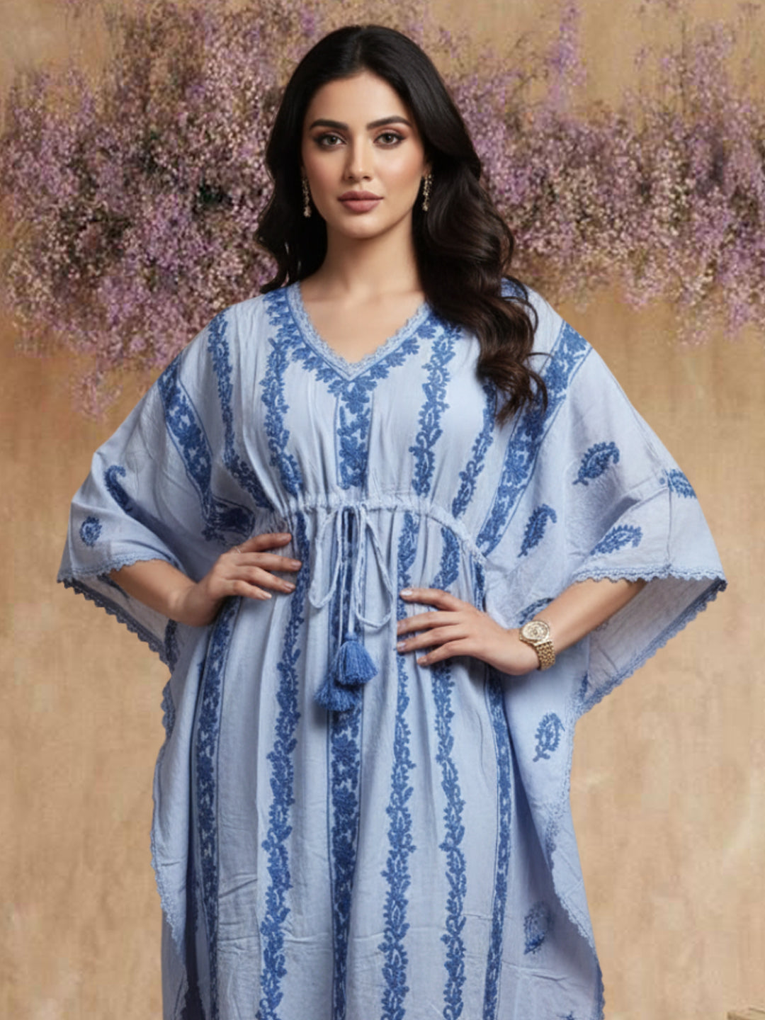 Hand Embroidered Chikankari Rayon Kaftan-AL3474 Blue