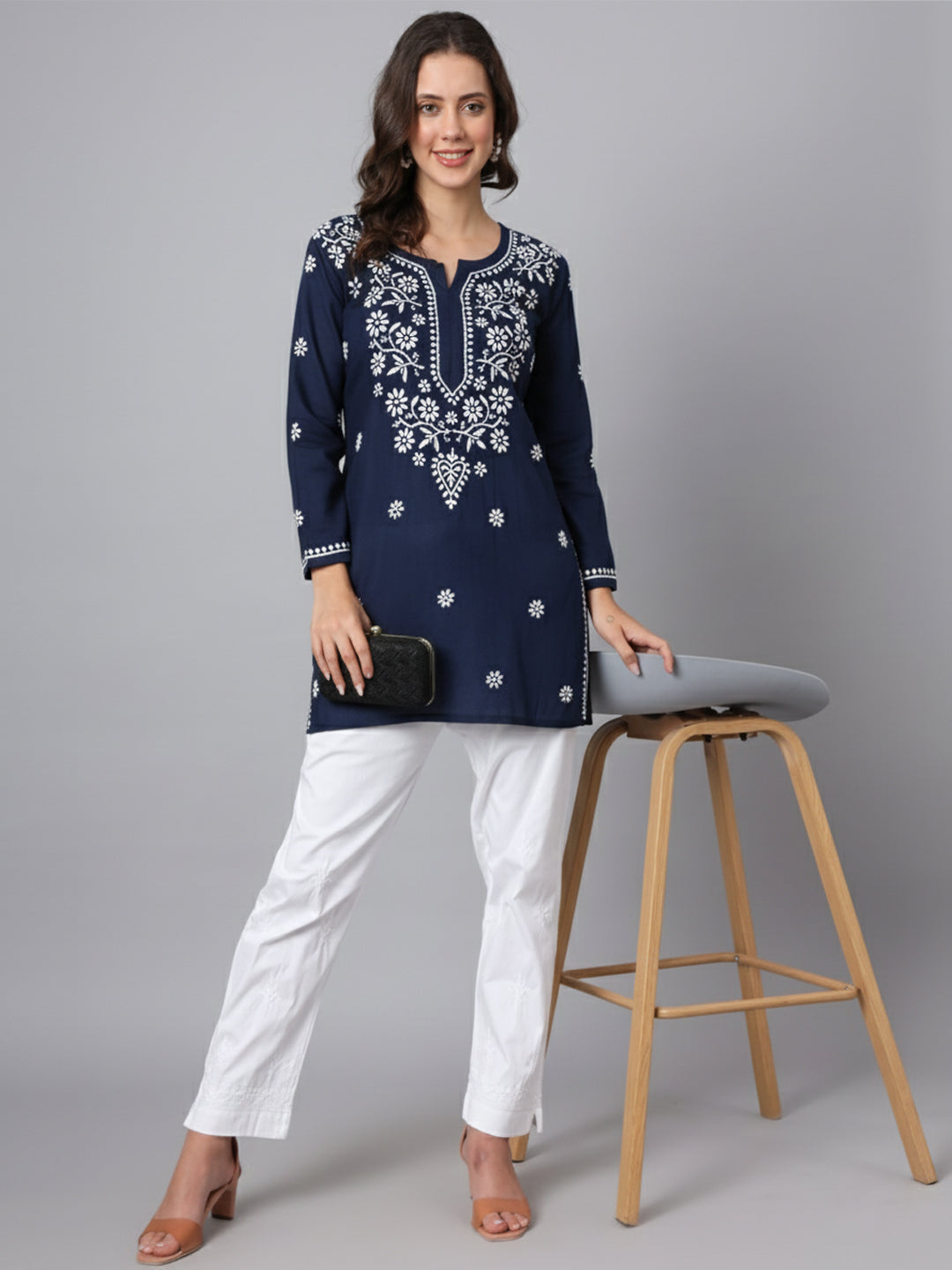 Women Hand Embroidered Modal Chikankari Kurti-AL3611 Navy