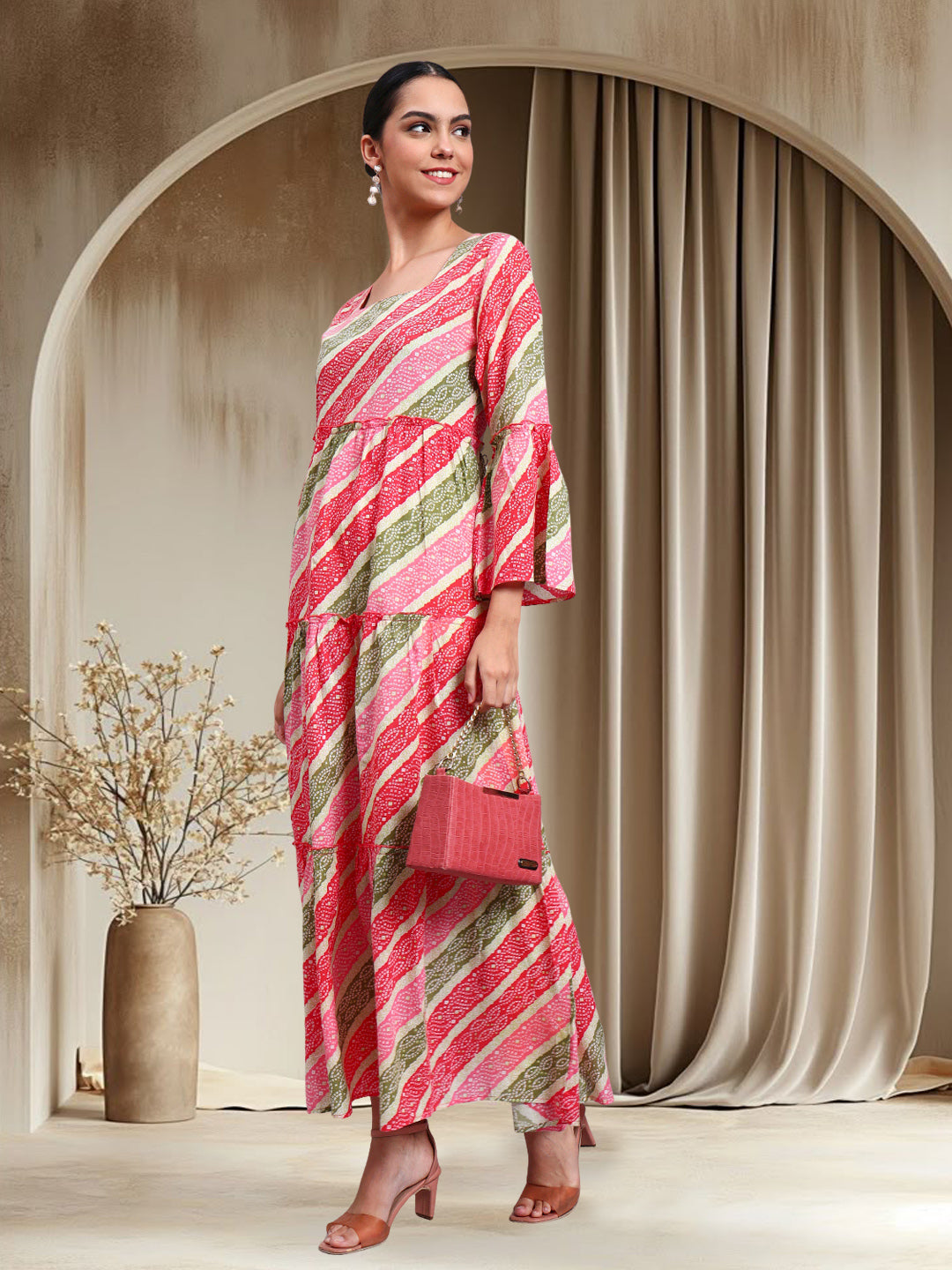 Women Printed Cotton Jalabiya with Bell Sleeves & Square Neckline-AL4050 Coral