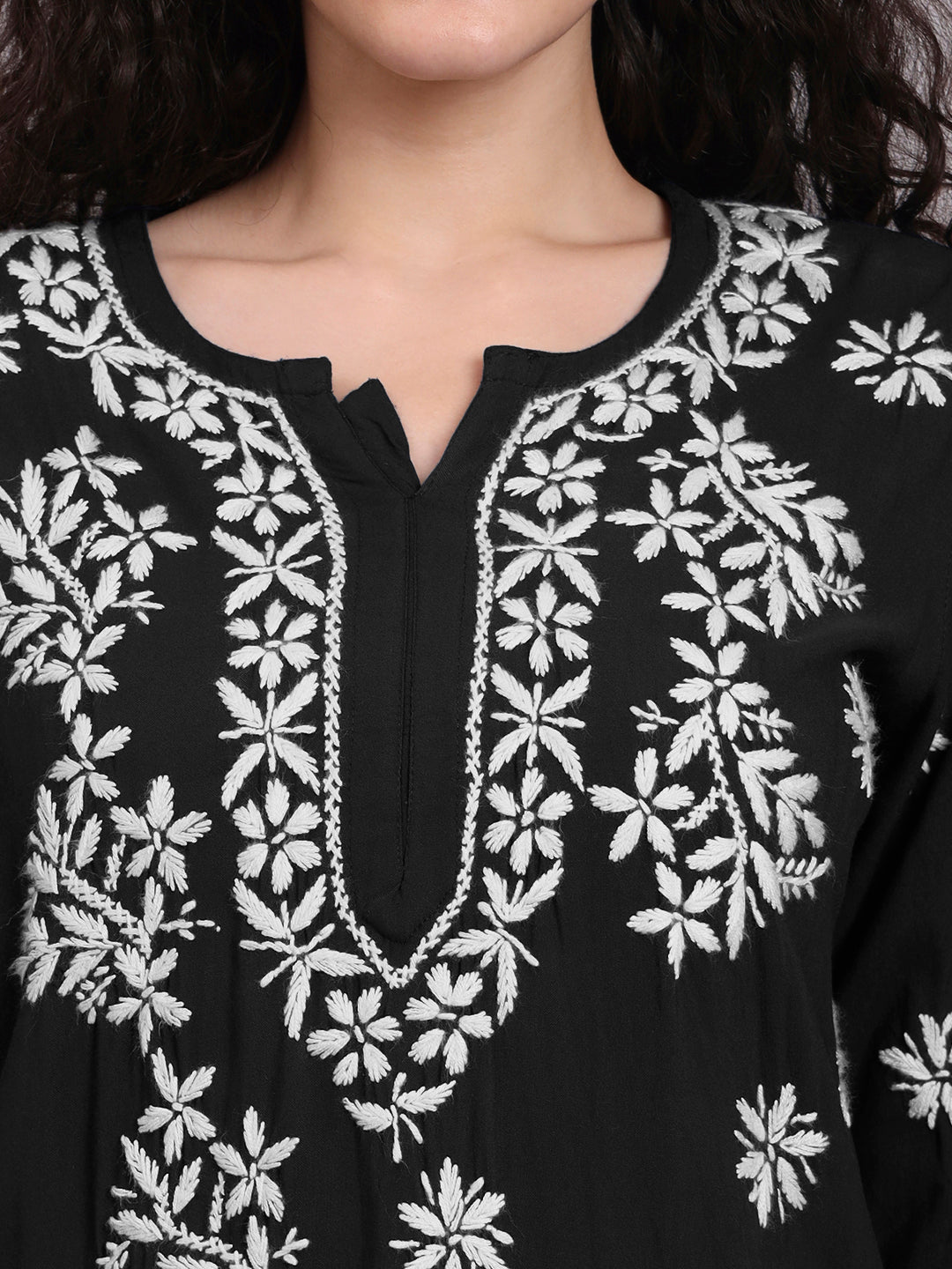 Women Hand Embroidered Chikankari Rayon Kurti-AL4071 Black
