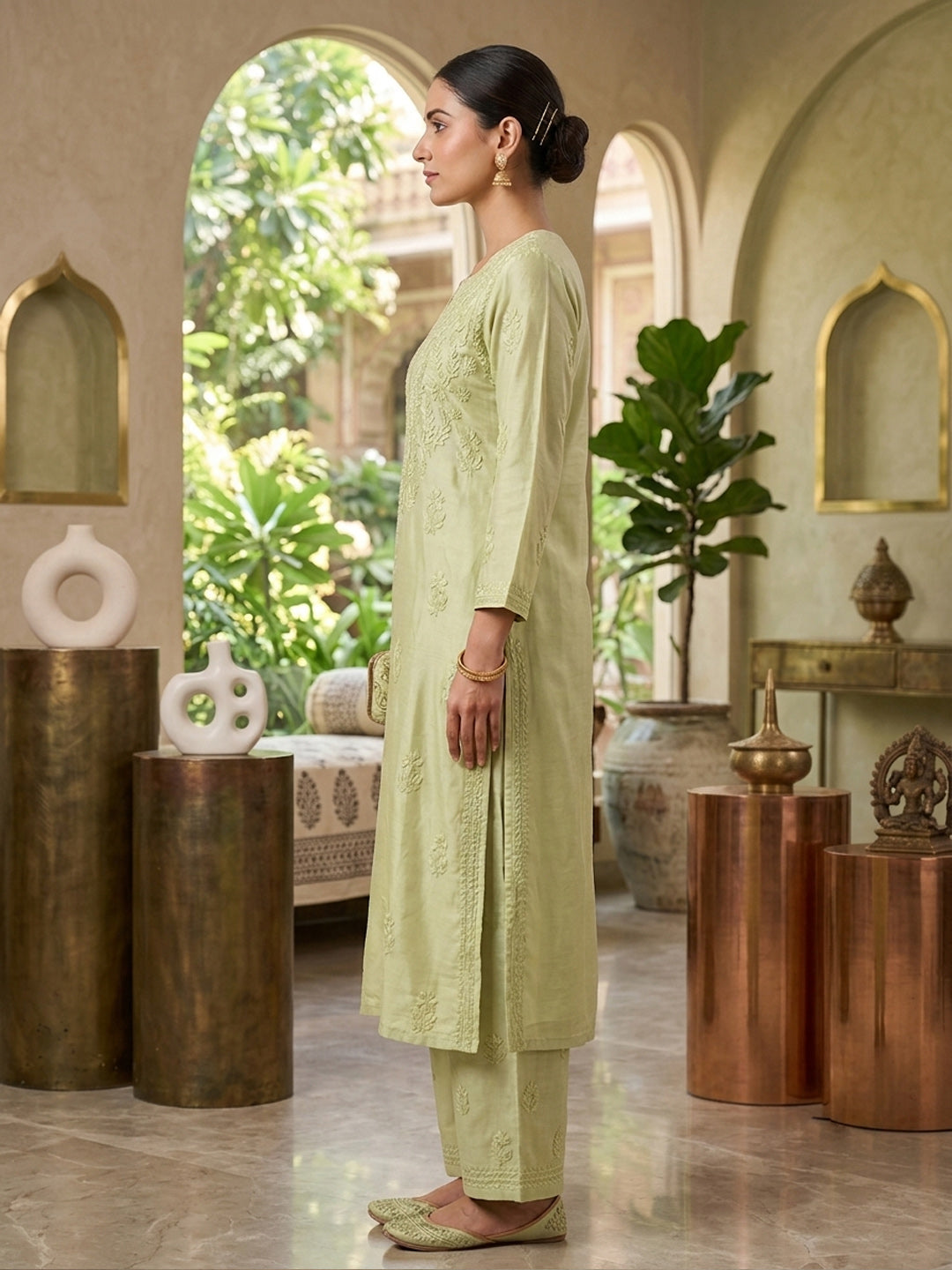 Women Hand Embroidered Chikankari Muslin Kurta Set-AL4118KS Olive