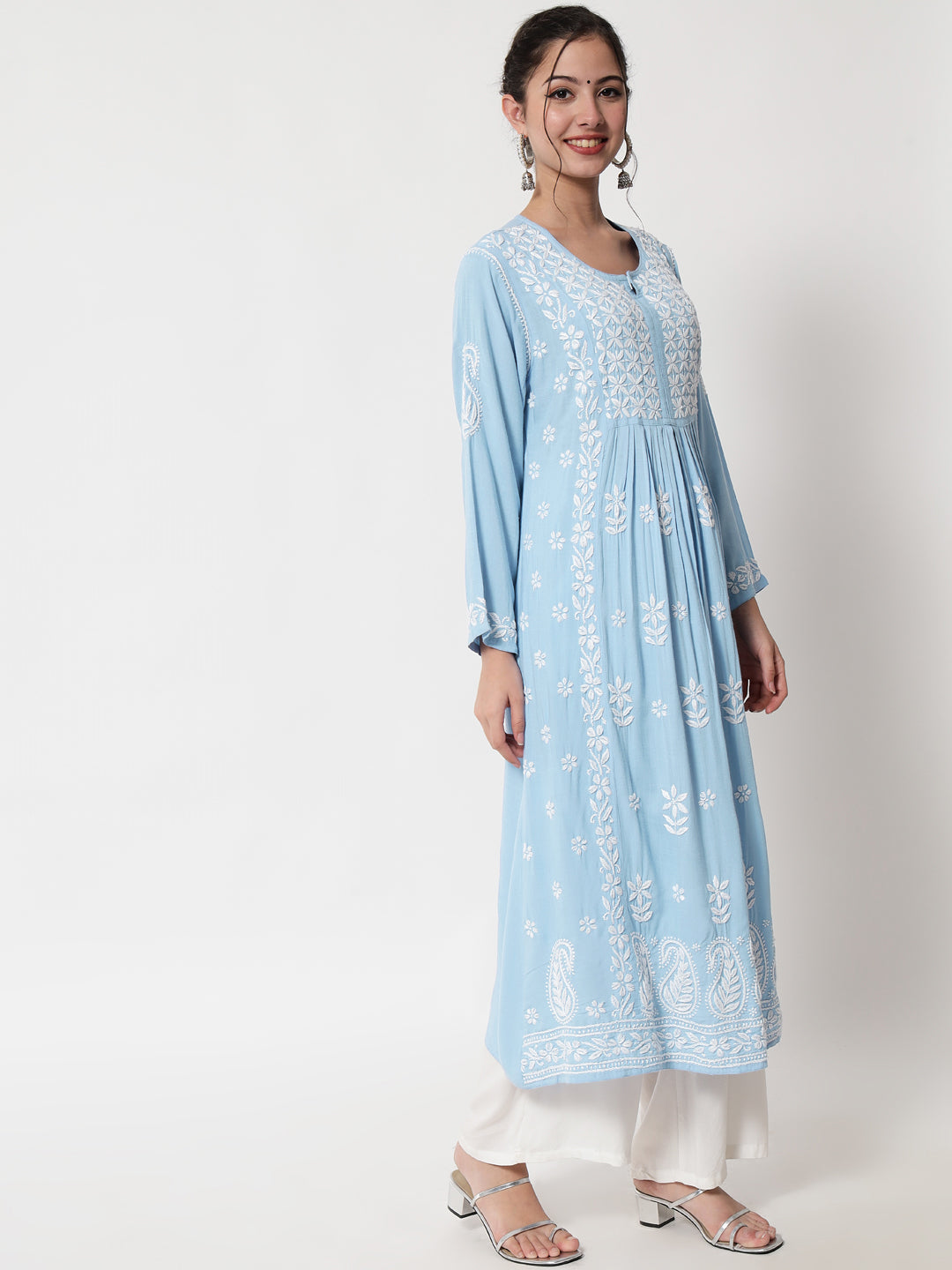 Women Hand Embroidered Chikankari Rayon Kurta-AL3549 Lightskyblue