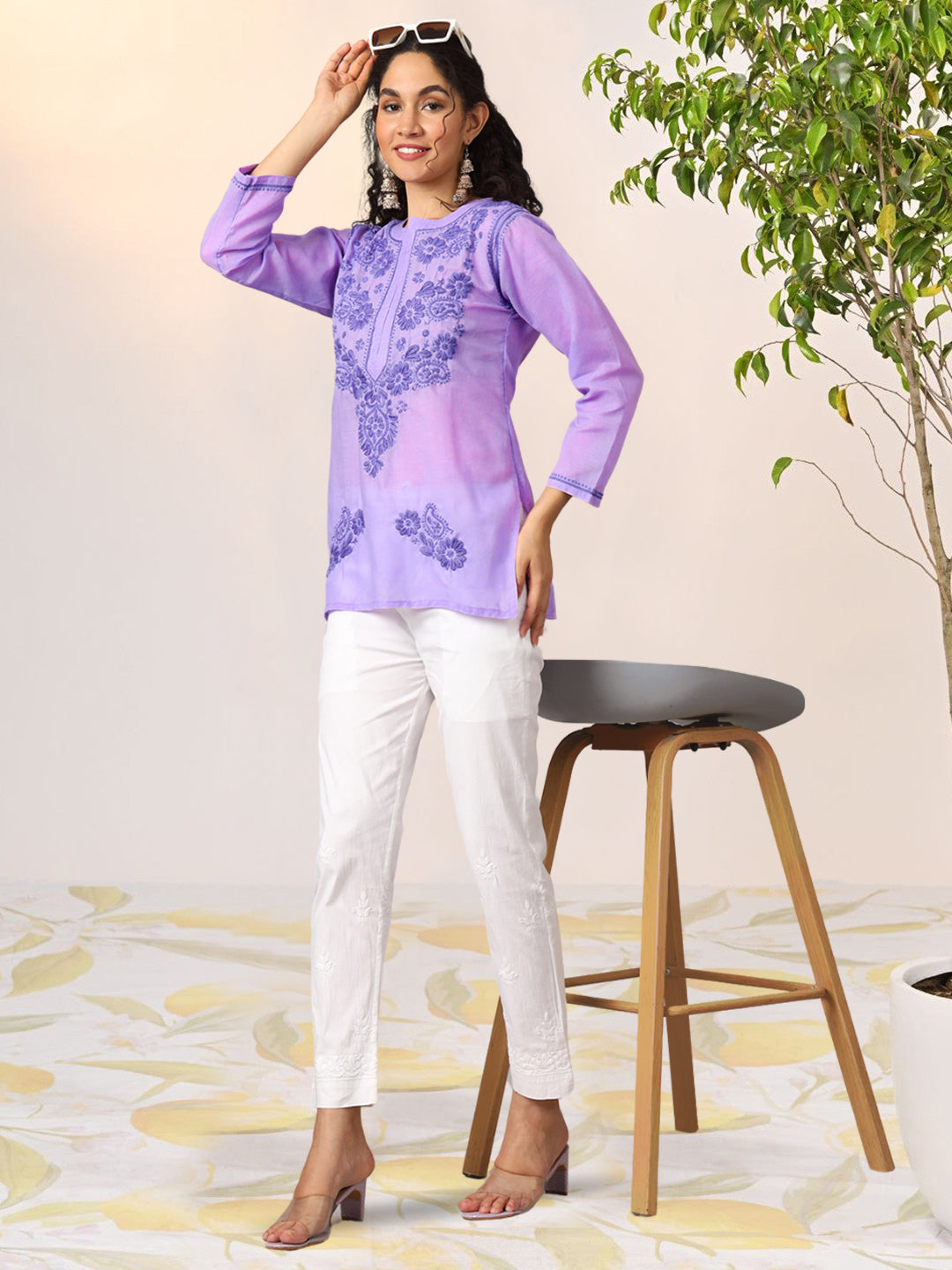 Hand Embroidered Chikankari Cotton Straight Kurti-AL3405 Mauve