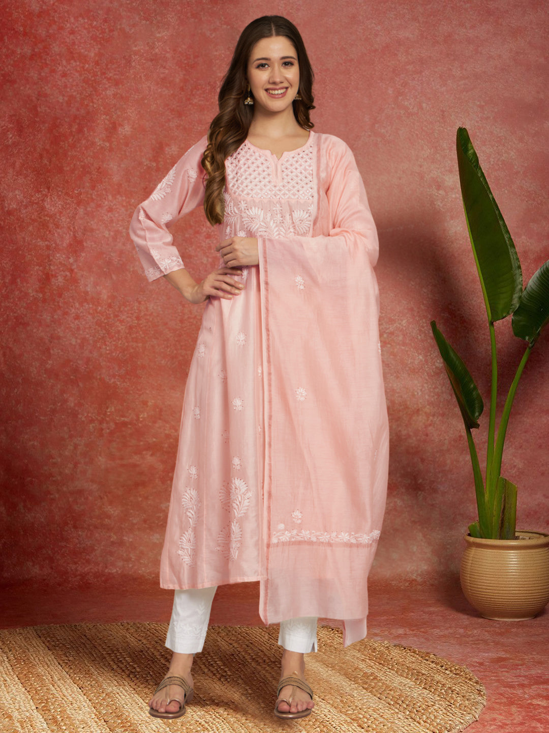 Hand embroidered Chikankari Chanderi Cotton Kurta Set and Dupatta with Mukaish AL3665KS