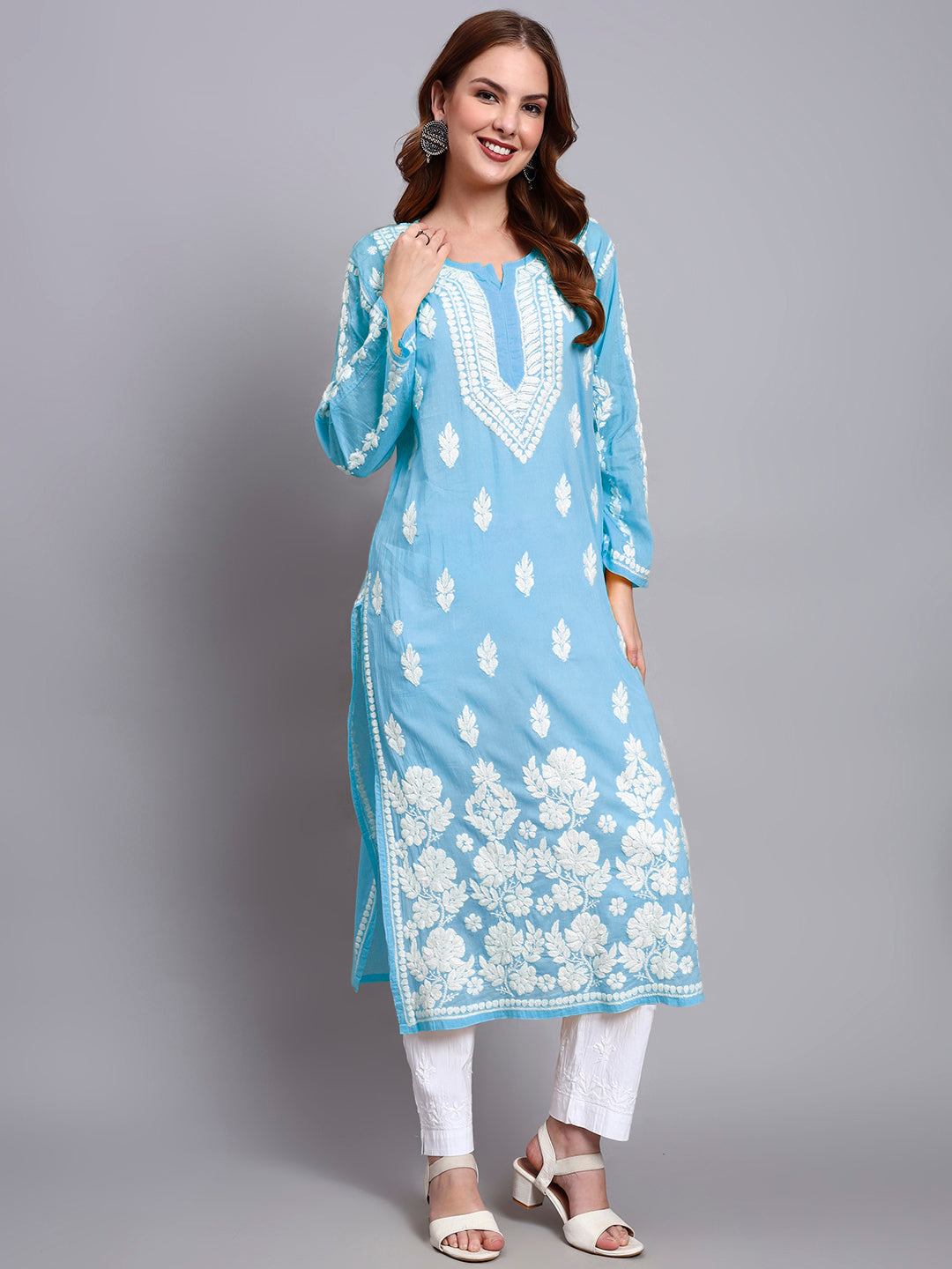 Women Hand Embroidered Chikankari Mulmul Kurti -AL3723 Blue
