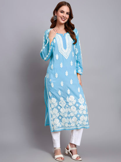 Women Hand Embroidered Chikankari Mulmul Kurti -AL3723 Blue