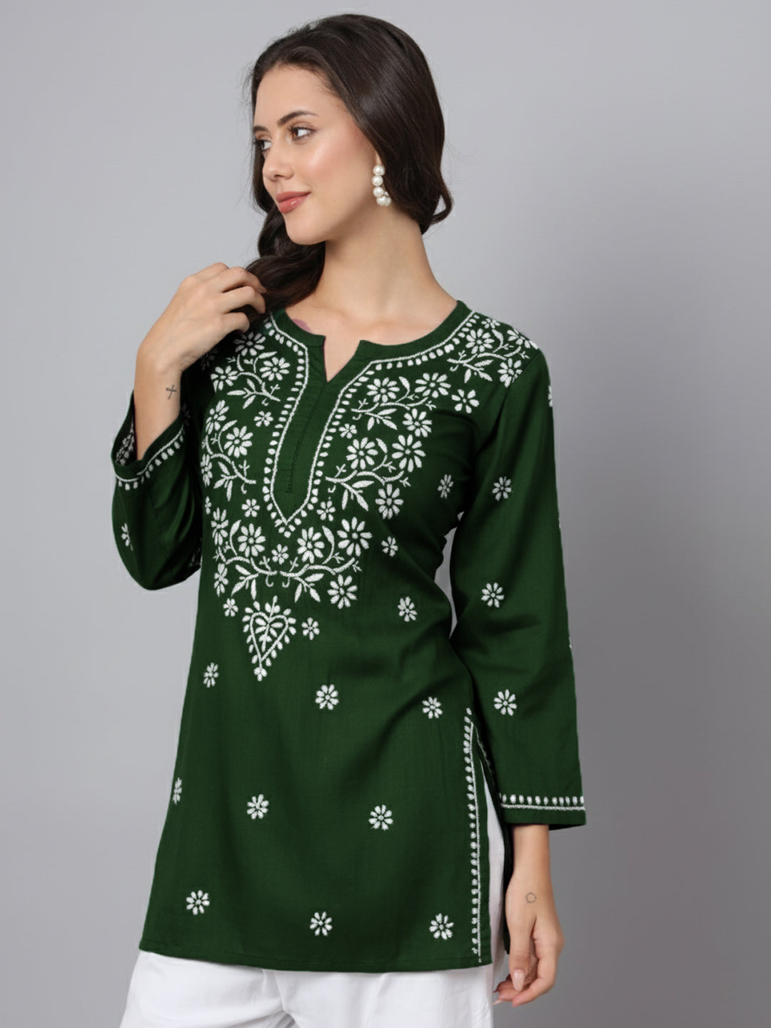 Women Hand Embroidered Modal Chikankari Kurti-AL3611 Bottle Green