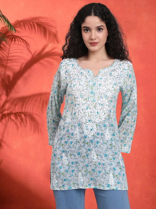 Women Hand Embroidered Chikankari Printed Cotton Kurti-AL4073 Blue