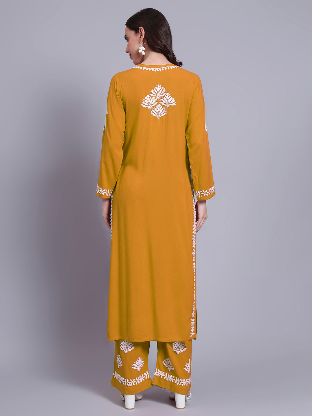Women Hand Embroidered Chikankari Rayon Kurta Set-AL4084KS Mustard Yellow