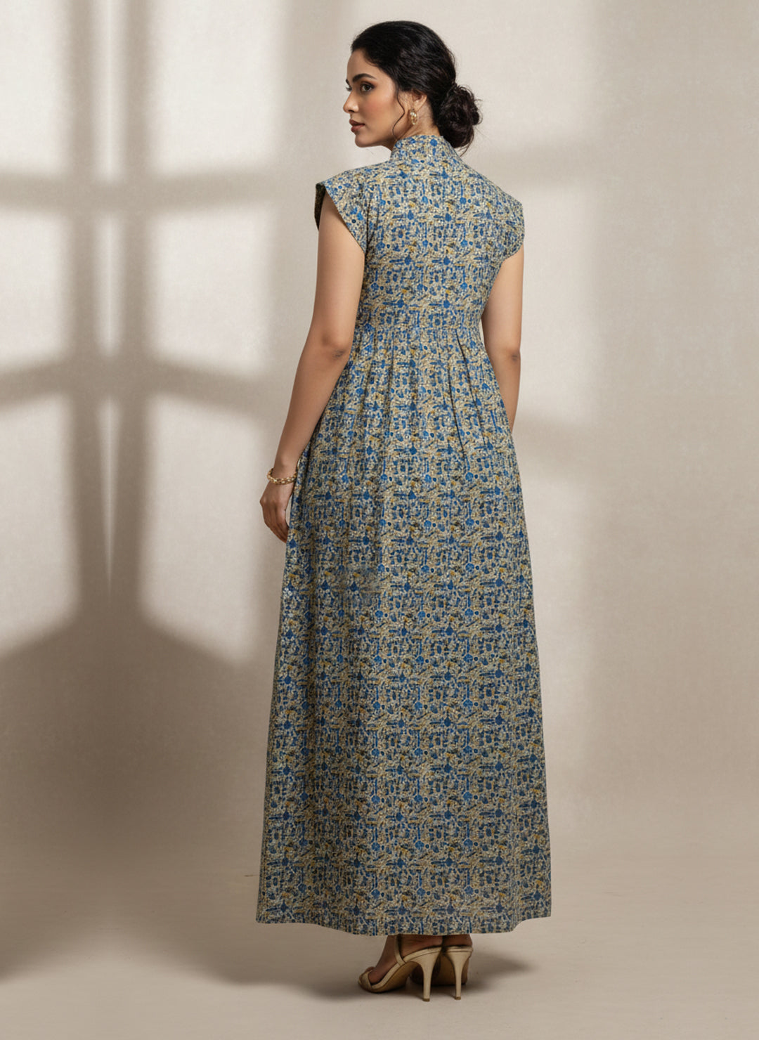 Women Printed Embroidered Cotton Jalabiya with Cap Sleeves-AL3697C Blue