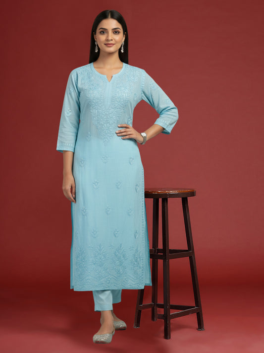 Women Hand Embroidered Chikankari Muslin Kurta Set-AL4104KS Blue