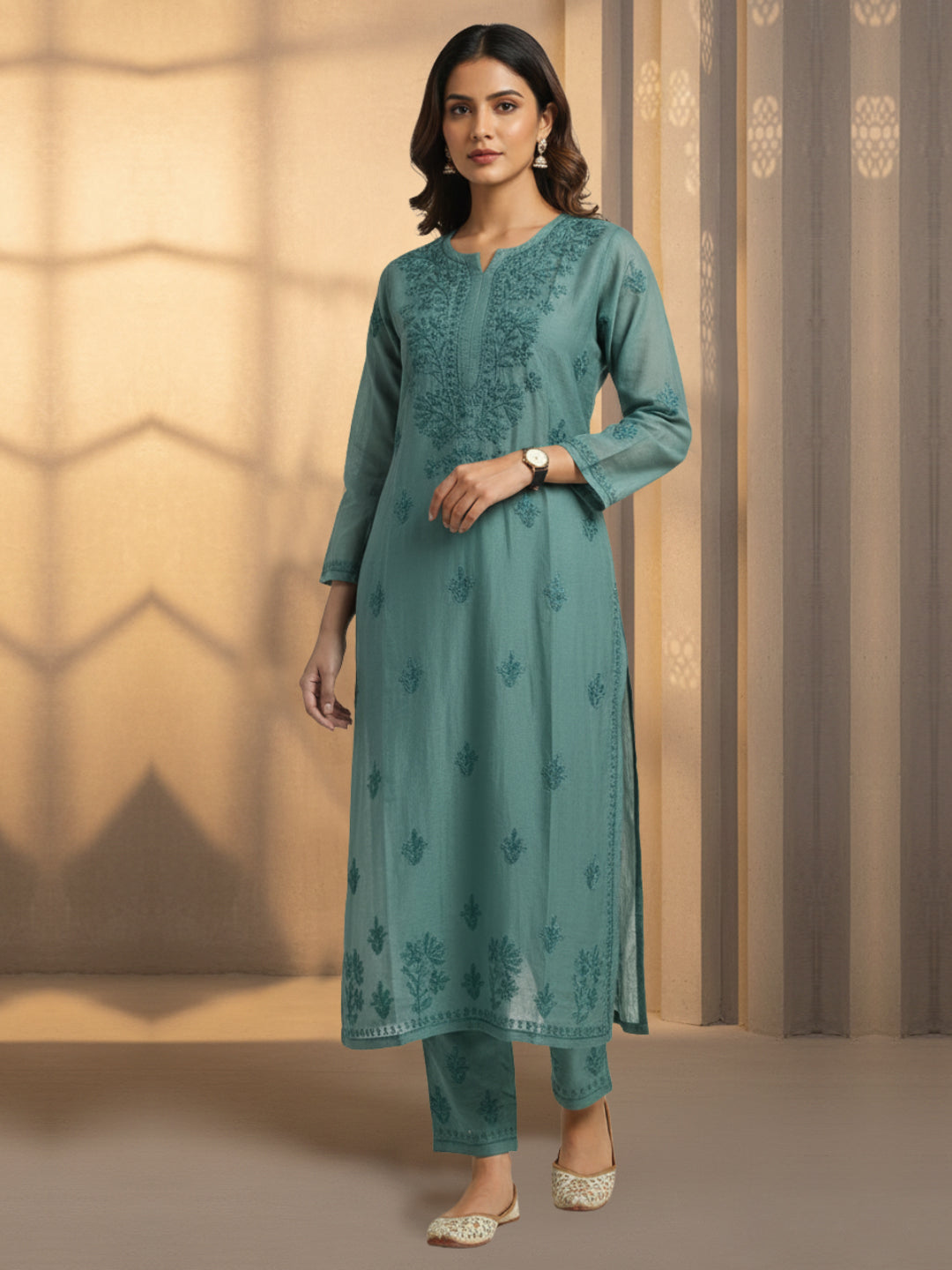 Women Hand Embroidered Chikankari Chanderi Kurta Set-AL4106KS Violet