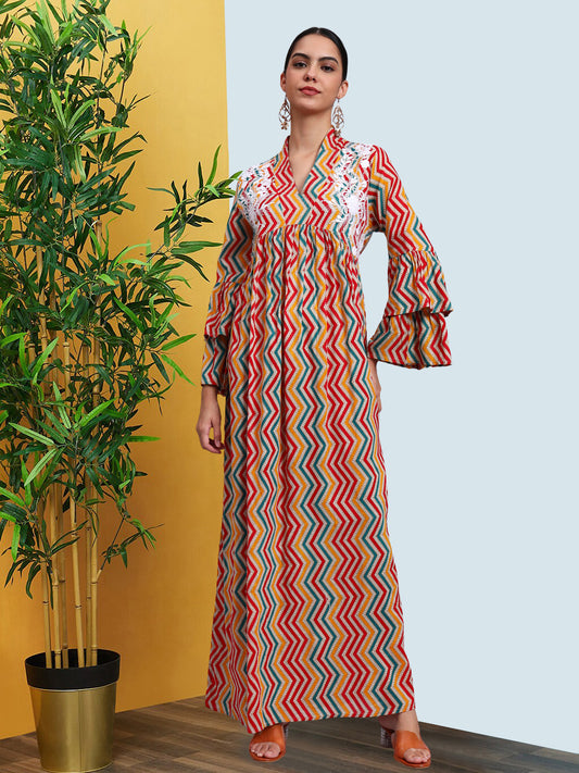 Women Embroided Mul Printed Cotton Jalabiya-AL4098A Red