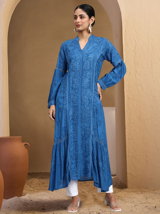 Hand Embroidered Chikankari Muslin Kurta-AL4100 Blue