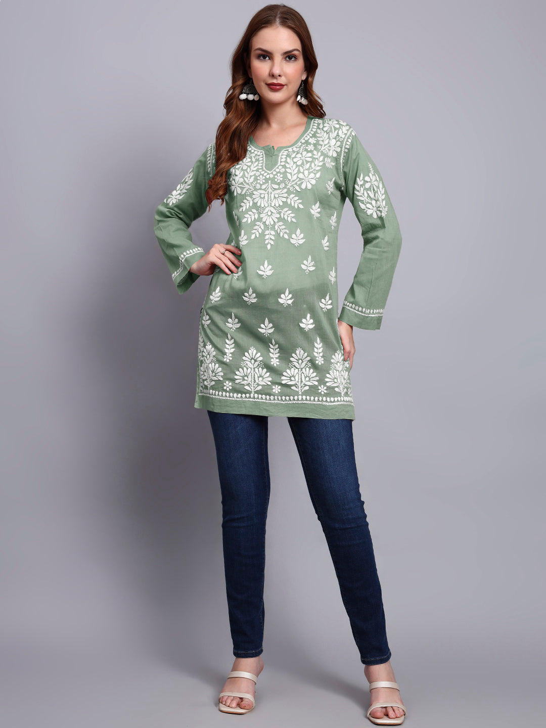 Women Hand Embroidered Chikankari Mulmul Short Top -AL3724 Green