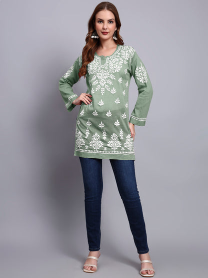 Women Hand Embroidered Chikankari Mulmul Short Top -AL3724 Green