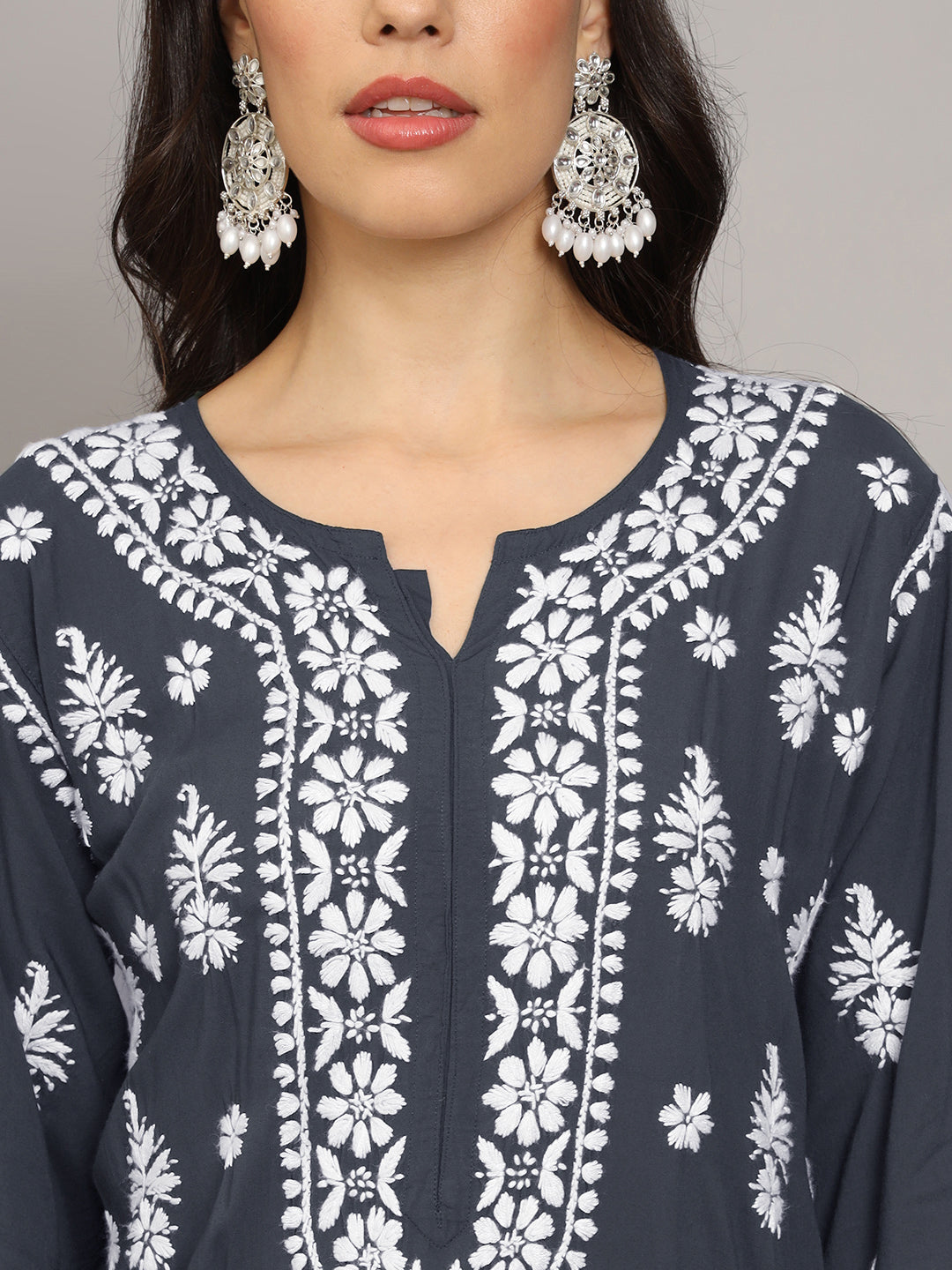Women Hand Embroidered Chikankari Modal Straight Kurta-AL4042 Grey