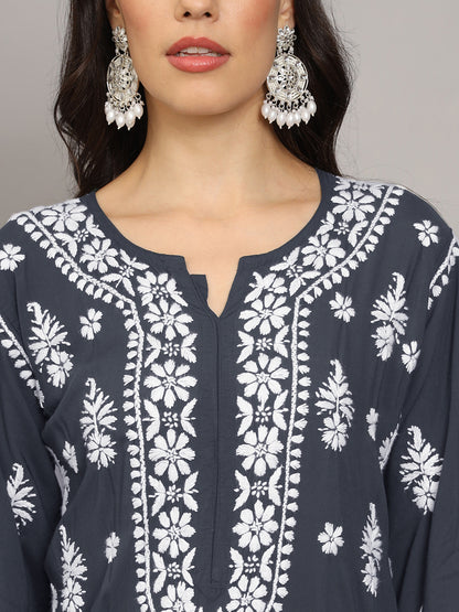 Women Hand Embroidered Chikankari Modal Straight Kurta-AL4042 Grey