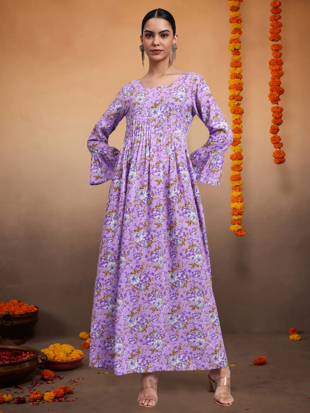 Women Green Floral Printed Cotton Jalabiya with Flared Sleeves & Round Neckline-AL4045 Lavender