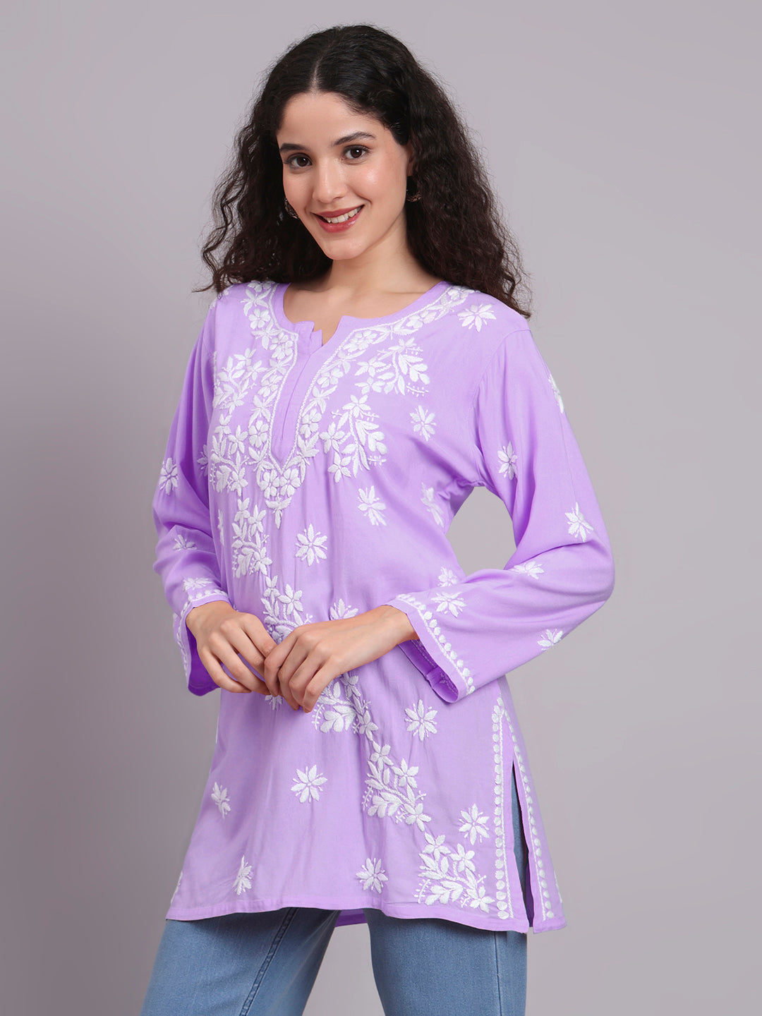 Women Chikankari Hand Embroidered Rayon Kurti -AL4071 Lavender