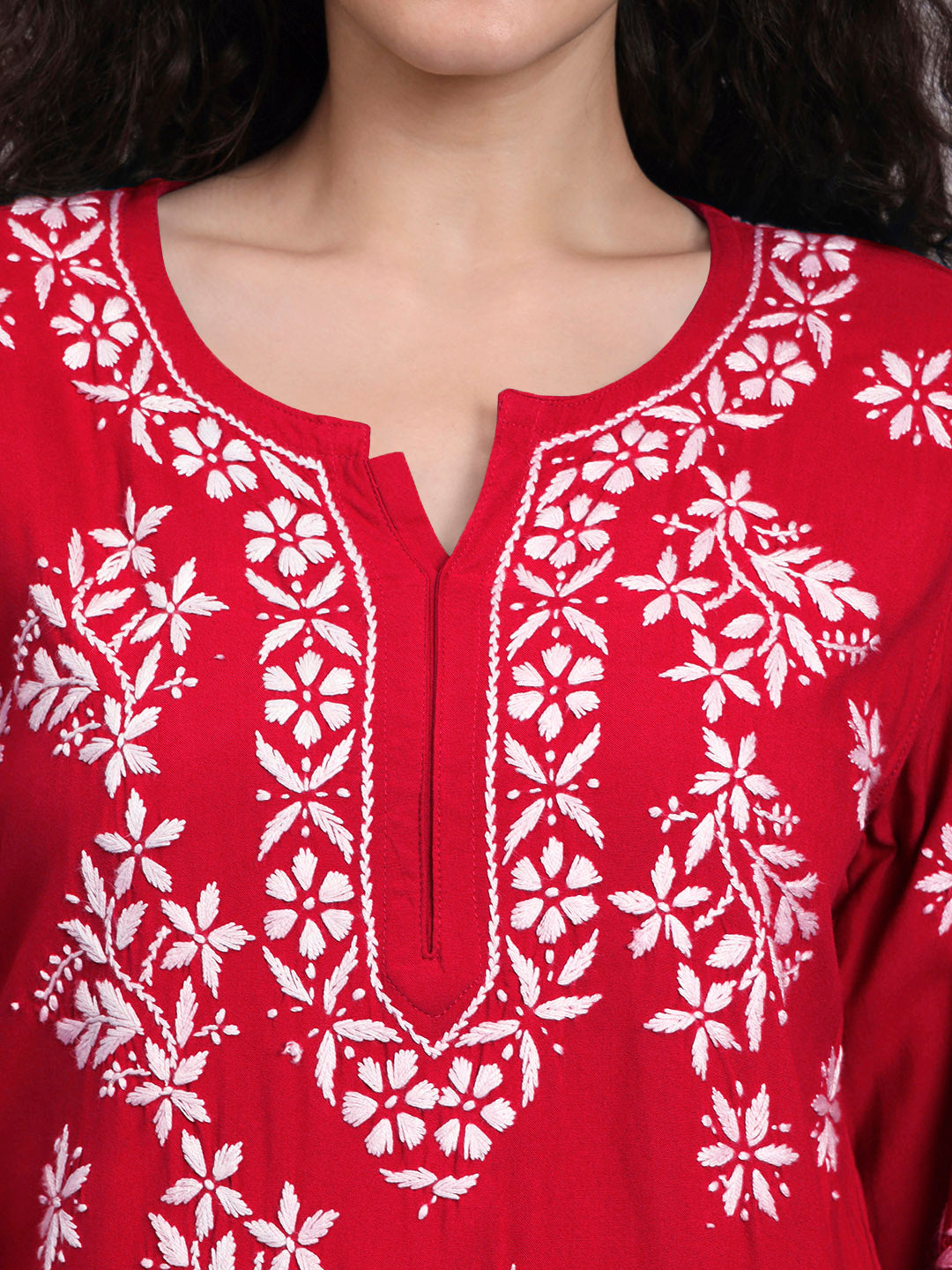 Women Hand Embroidered Chikankari Rayon Short Kurti-AL4071 Red
