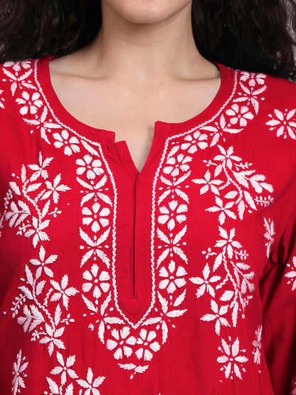 Women Hand Embroidered Chikankari Rayon Short Kurti-AL4071 Red