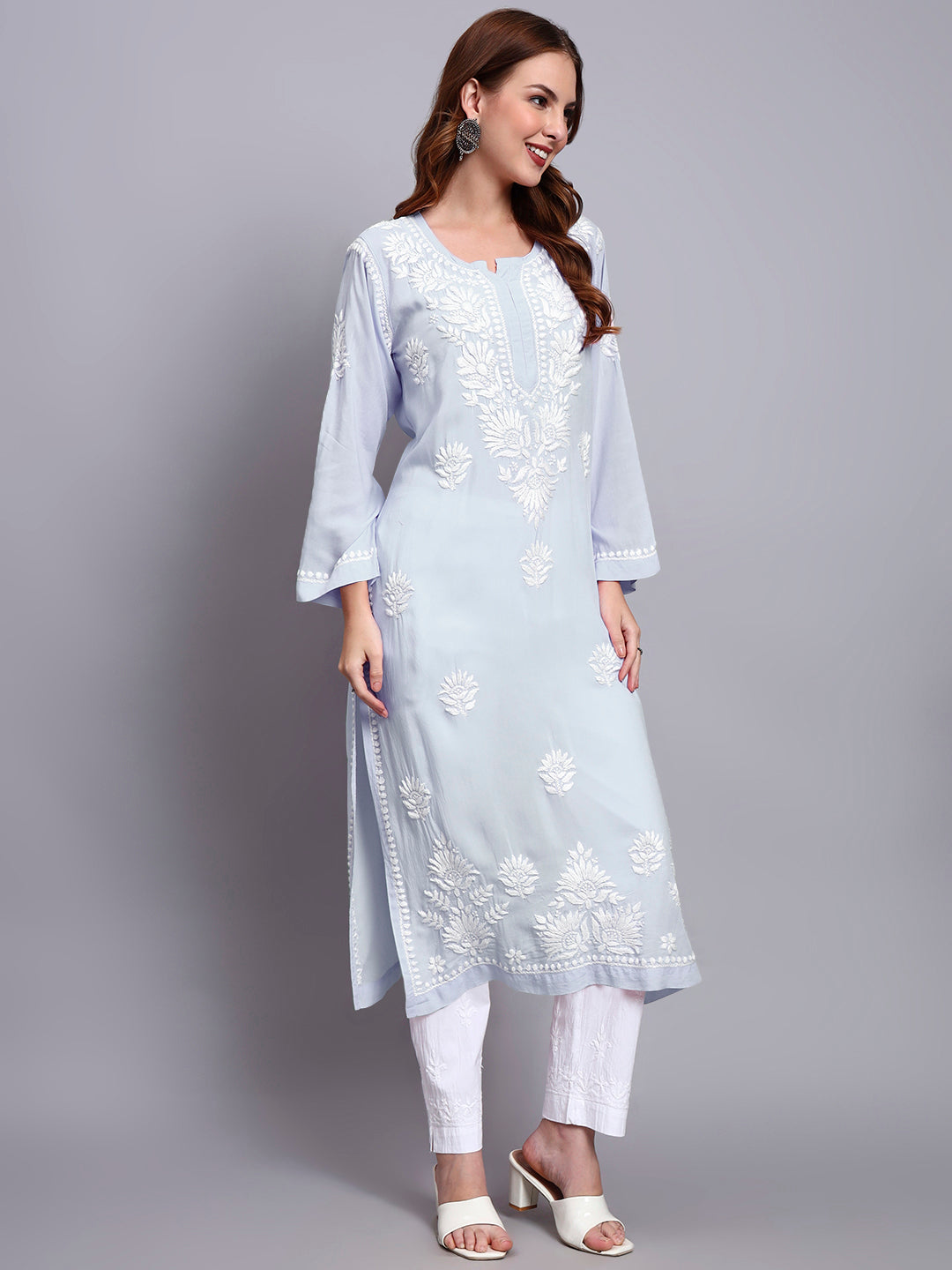 Hand Embroidered Chikankari Modal Straight Kurta-AL3683 Lavender