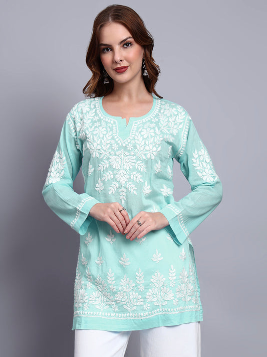 Women Hand Embroidered Chikankari Mulmul Short Top -AL3724 Seagreen