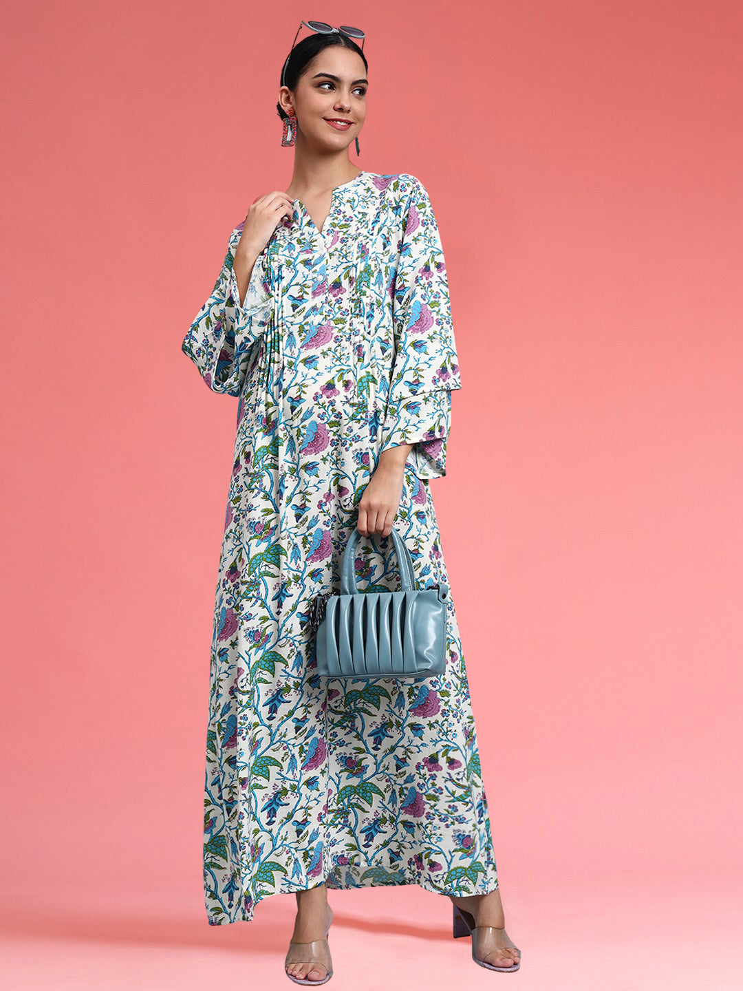 Women Floral Printed Rayon Jalabiya with Flared Sleeves-AL4005A Blue