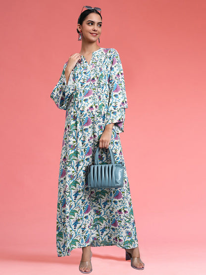 Women Floral Printed Rayon Jalabiya with Flared Sleeves-AL4005A Blue