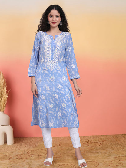 Women Hand Embroidered Chikankari Mul Printed Cotton Kurta-AL4072 Blue