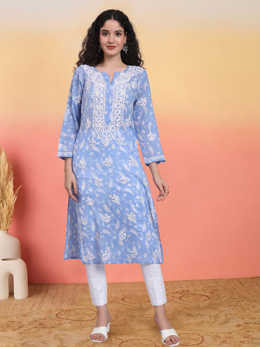 Women Hand Embroidered Chikankari Mul Printed Cotton Kurta-AL4072 Blue
