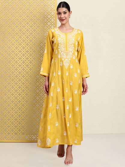 Hand Embroidered Chikankari Chanderi Jalabiya-AL4088 Yellow