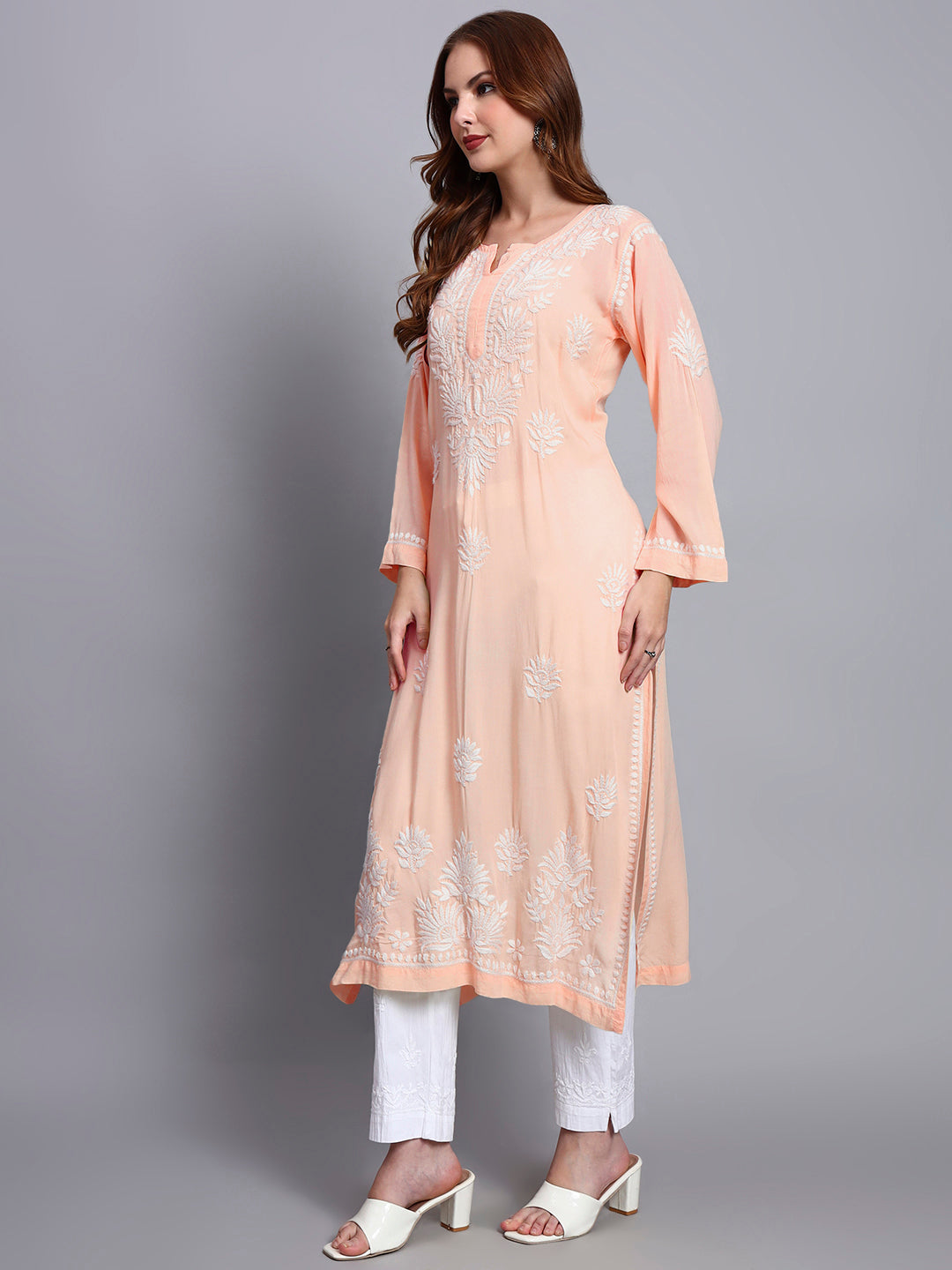 Hand Embroidered Chikankari Modal Straight Kurta-AL3683 Peach