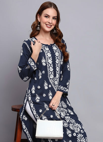 Women Hand Embroidered Chikankari Modal Straight Kurta-AL4042 Navy