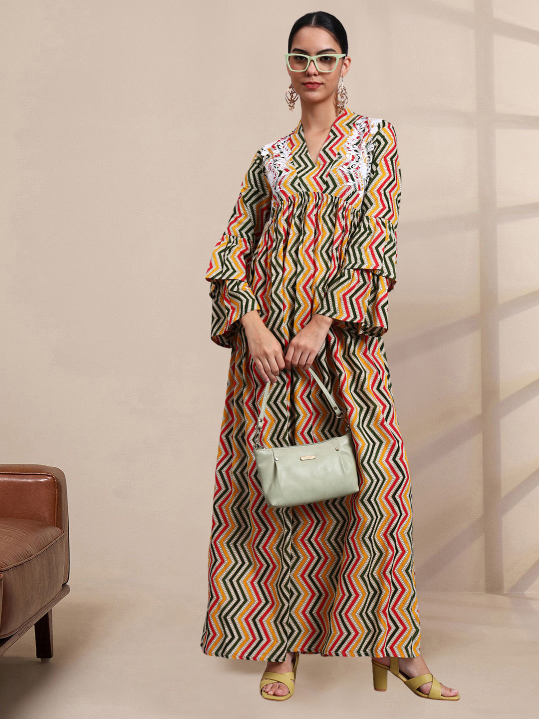 Women Embroided Mul Printed Cotton Jalabiya-AL4098A Green
