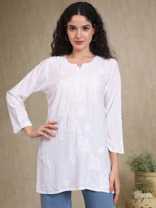 Women Hand Embroidered Chikankari Rayon Short Kurti-AL4071 White