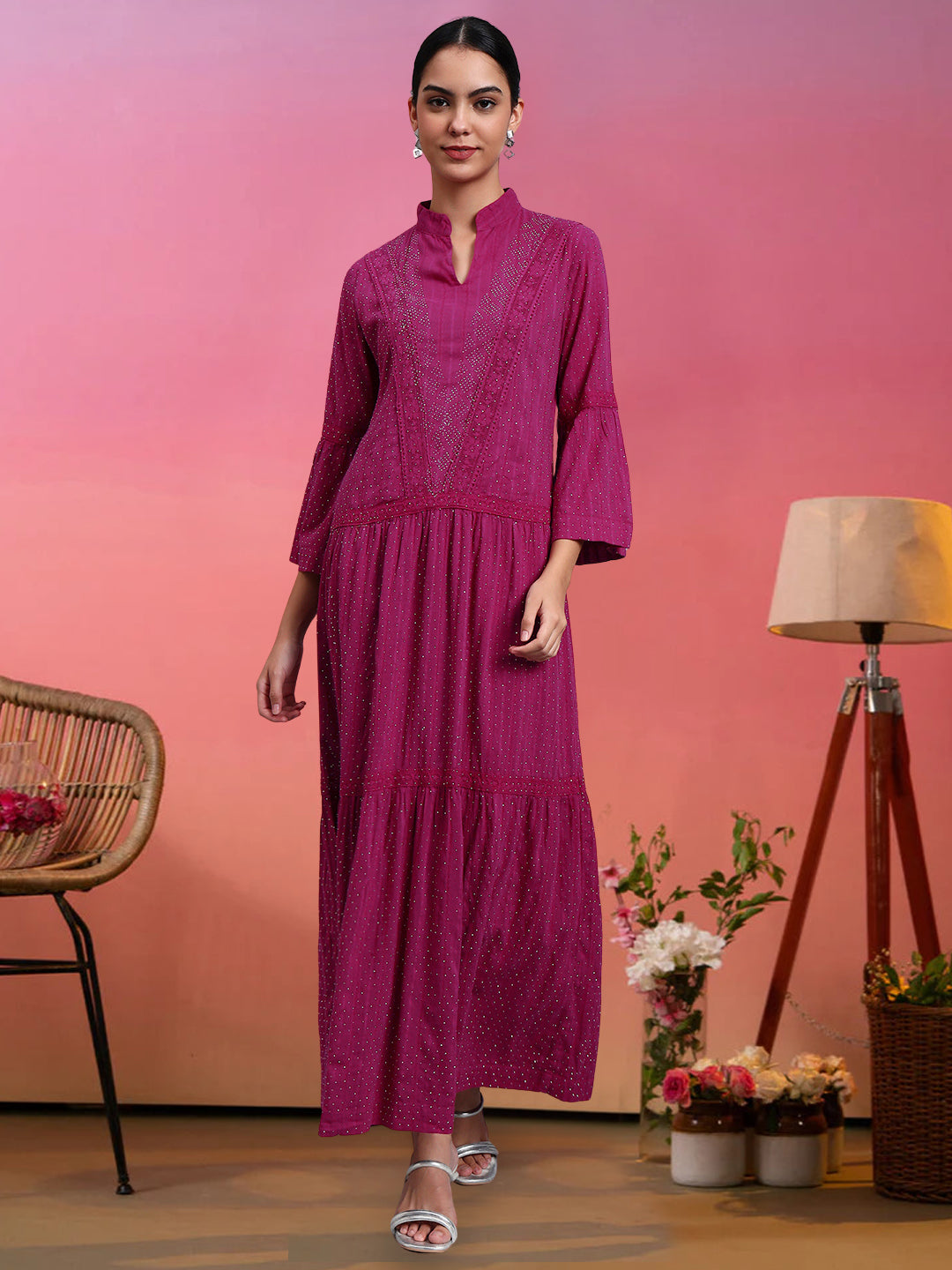 Women's Cotton Jalabiya with Mirror Work-AL4051 Magenta