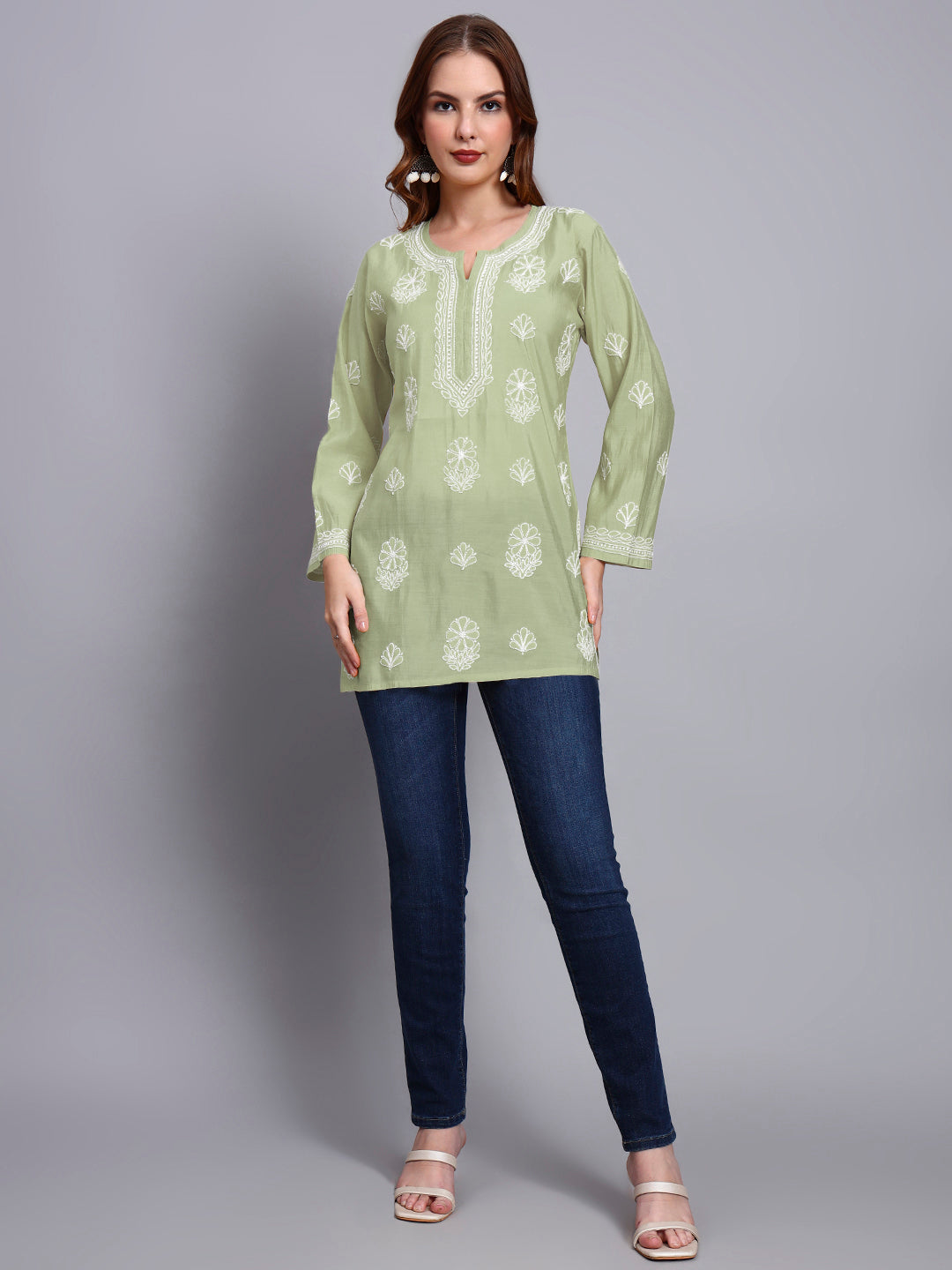 Women Hand Embroidered Chikankari Chanderi Short Kurti-AL4090 Green