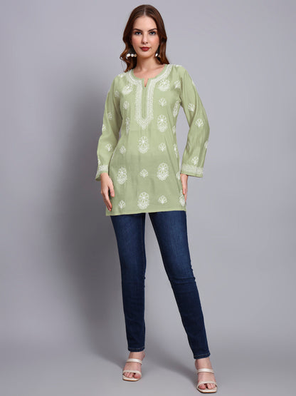 Women Hand Embroidered Chikankari Chanderi Short Kurti-AL4090 Green
