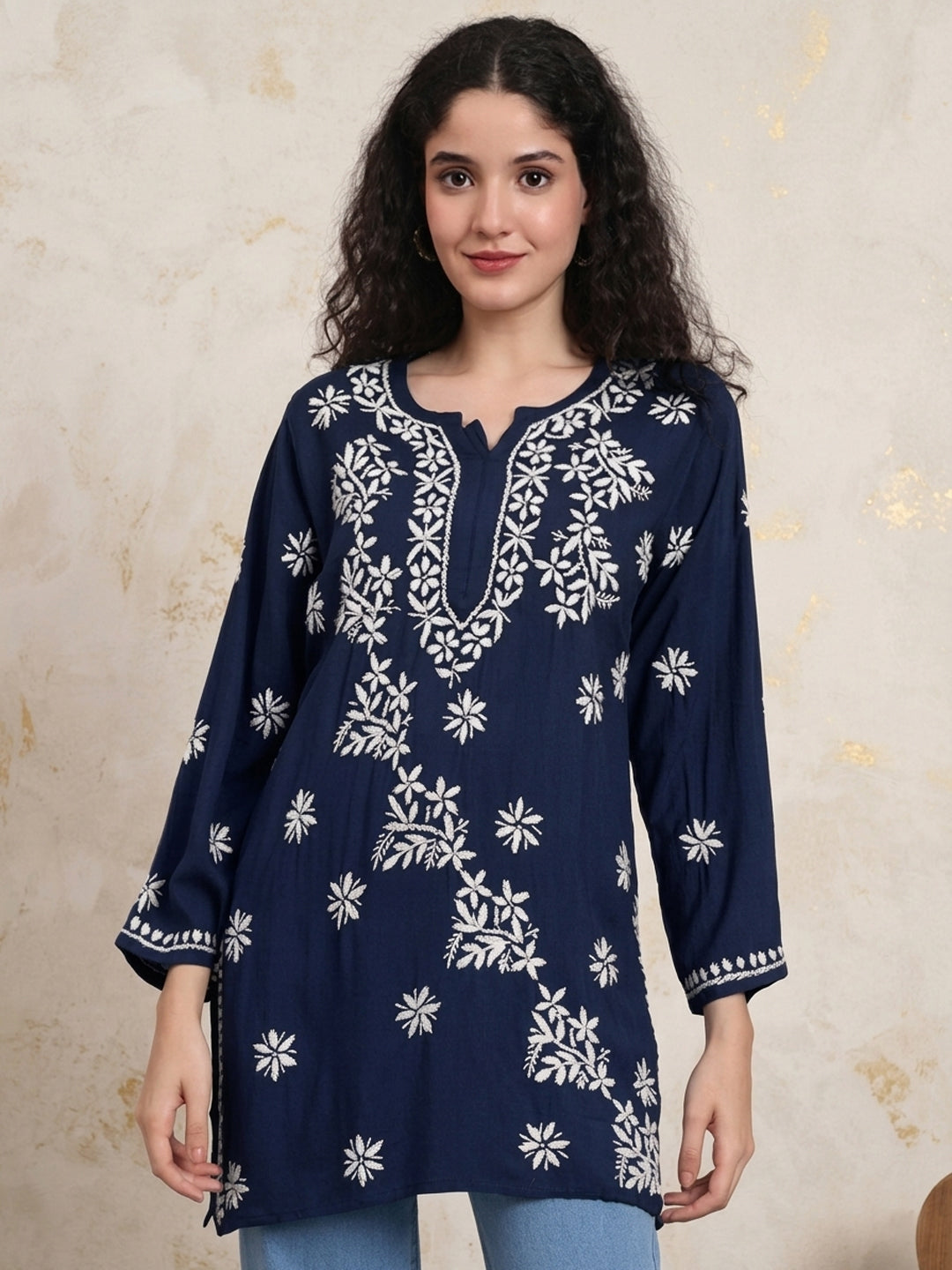 Women Chikankari Hand Embroidered Rayon Kurti -AL4071 Darknavy