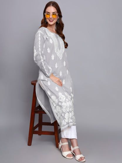 Women Hand Embroidered Chikankari Mulmul Kurti -AL3723 Grey