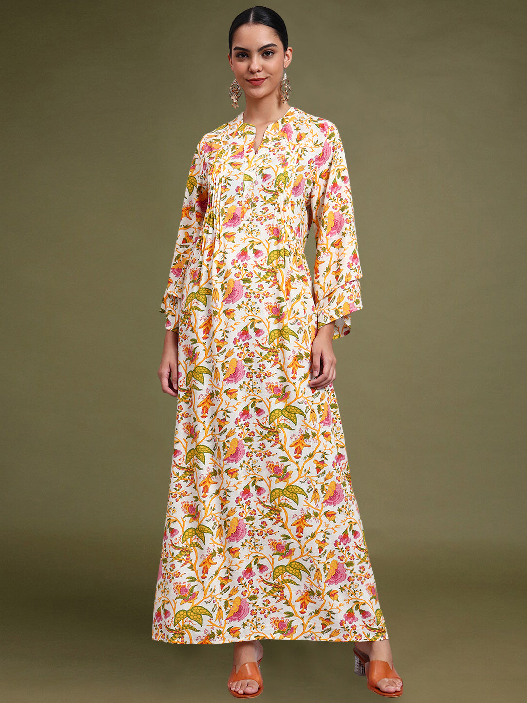 Women Floral Printed Rayon Jalabiya with Flared Sleeves-AL4005A Yellow