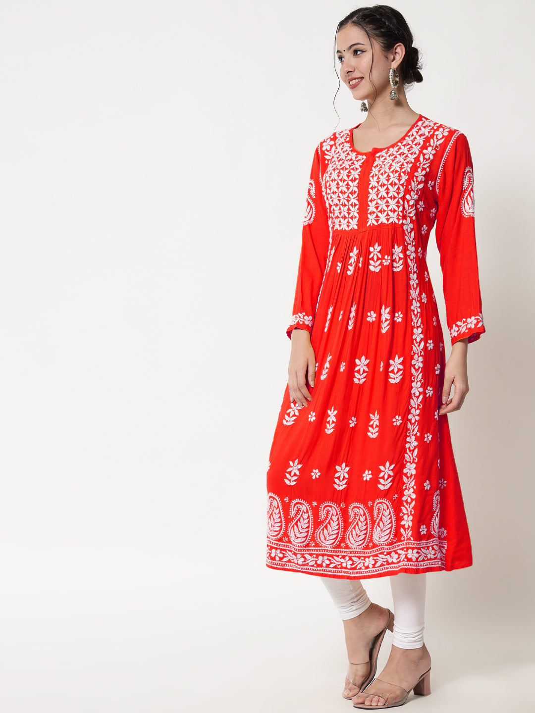 Women Hand Embroidered Chikankari Rayon Kurta-AL3549 Red