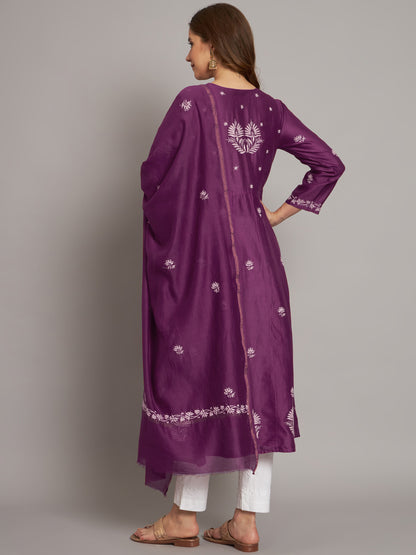Hand embroidered Chikankari Chanderi Cotton Kurta Set and Dupatta with Mukaish AL3665KS