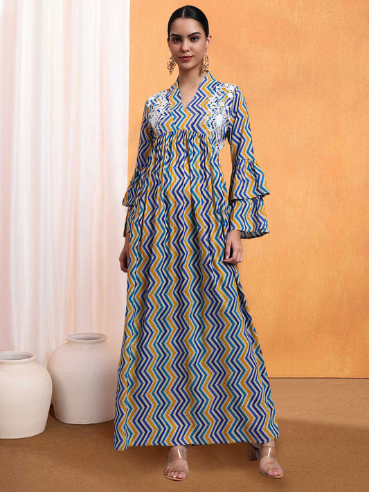 Women Embroided Mul Printed Cotton Jalabiya-AL4098A Blue