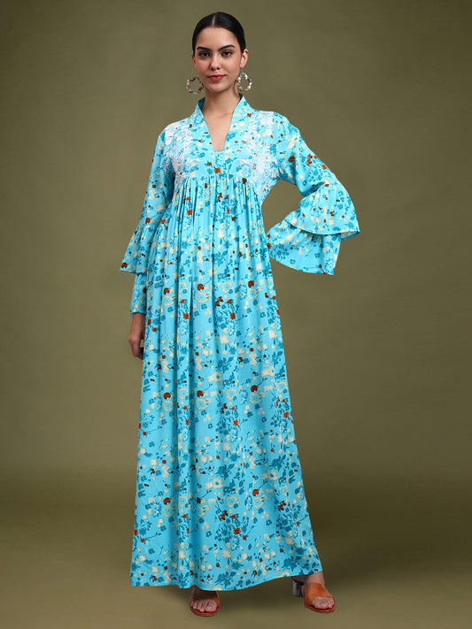 Women Embroided Floral Printed Rayon Jalabiya-AL4098B Turquoise